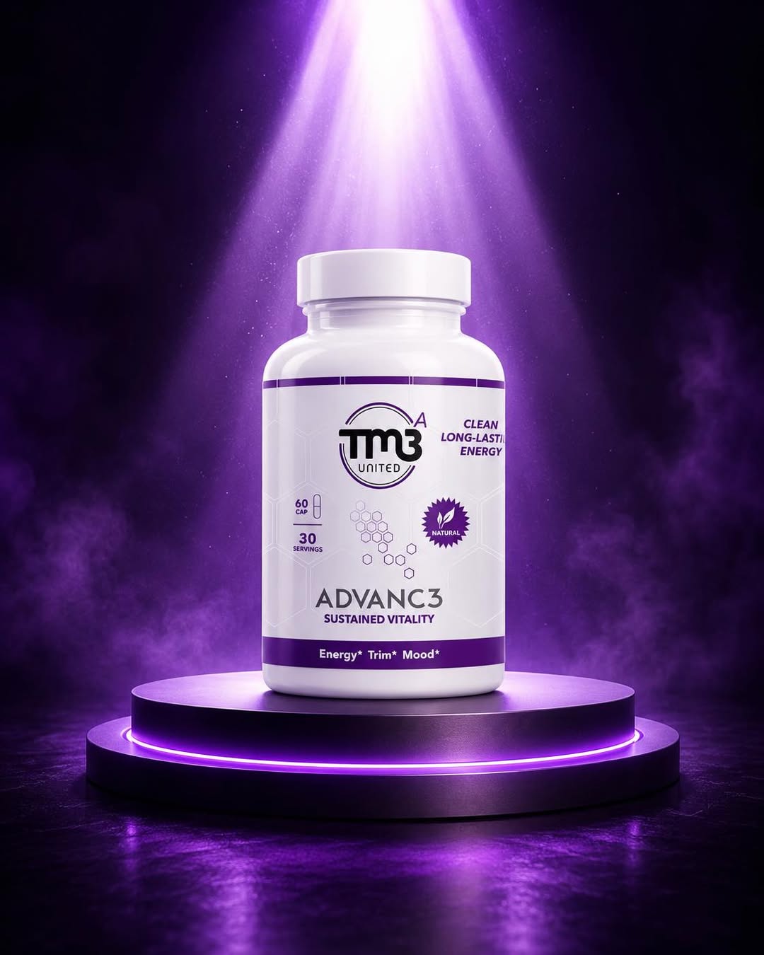 TM3 ADVANC3 bottle on a purple illuminated platform