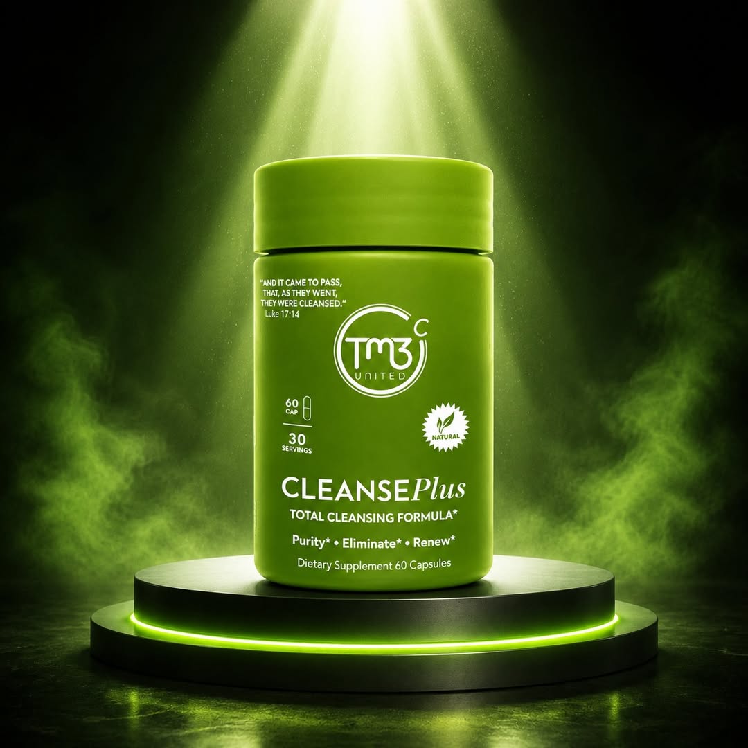 TM3 CleansePlus bottle on a green illuminated platform