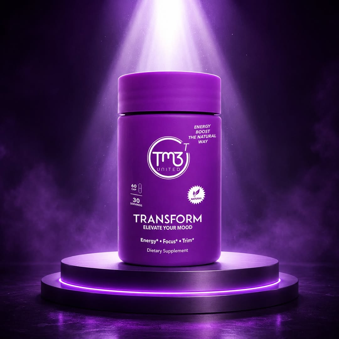 TM3 Transform bottle on a purple illuminated platform
